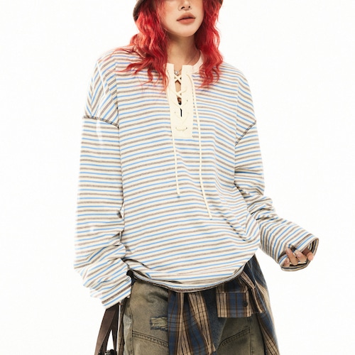 lace-up striped long tee　レースアップボーダーロングティー　J1739