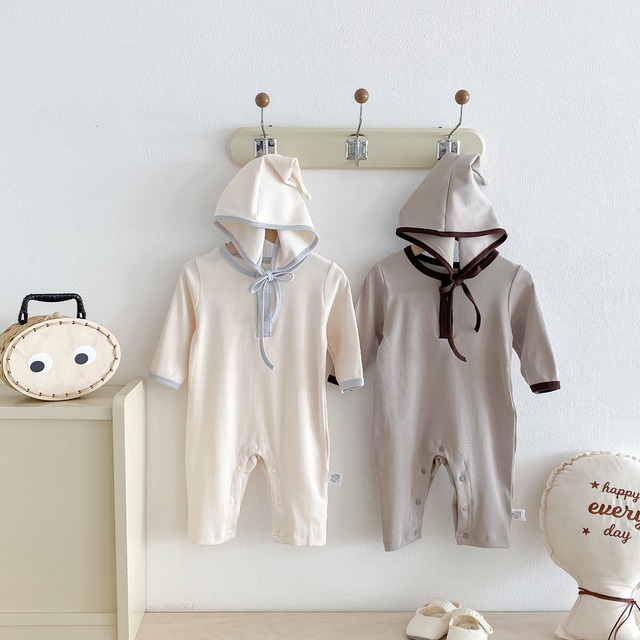 【秋作】帽子付きリブオールインワン