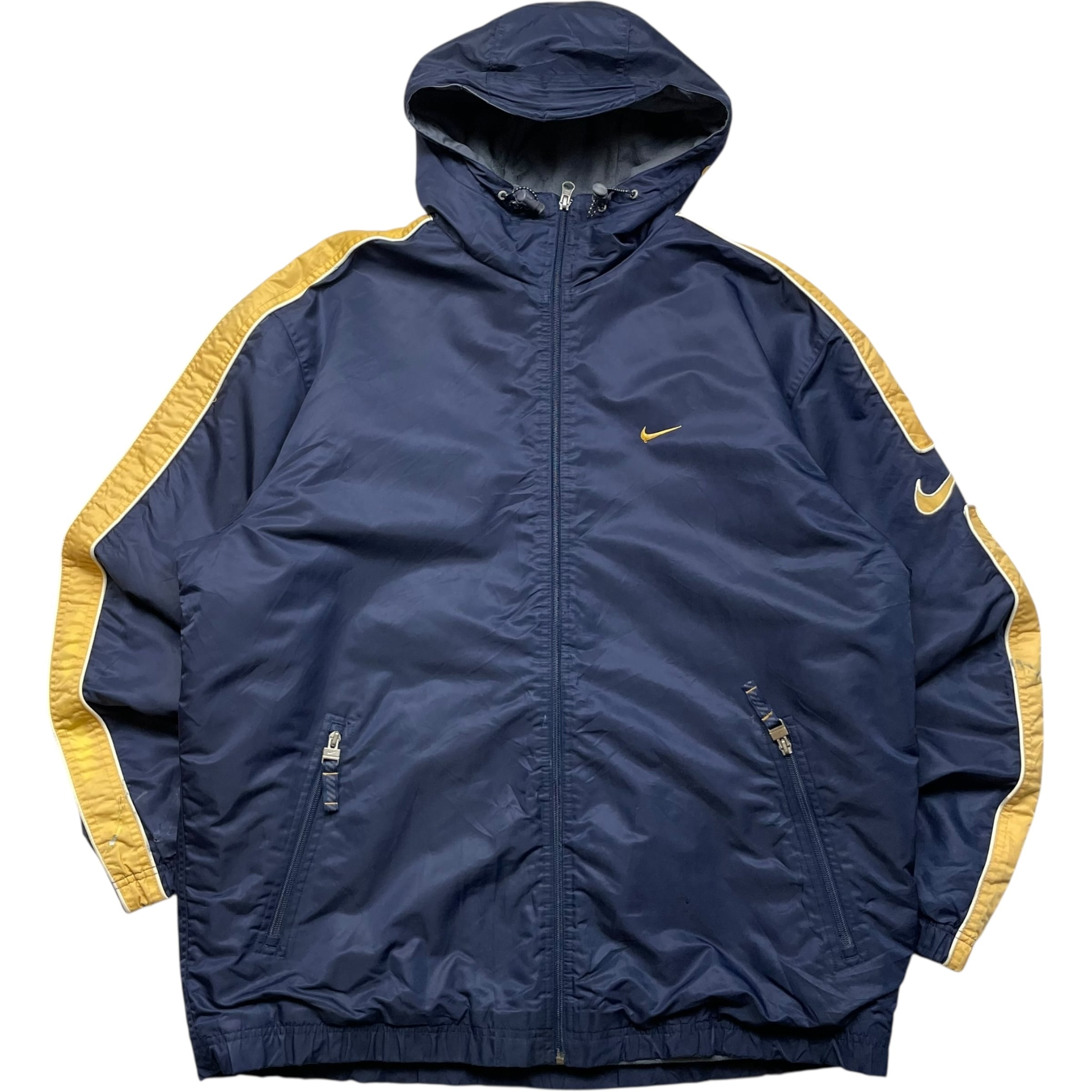 《L》NIKE ナイキ ナイロンジャケット 裏地フリース スウッシュ 刺繍 ネイビー イエロー no.9478