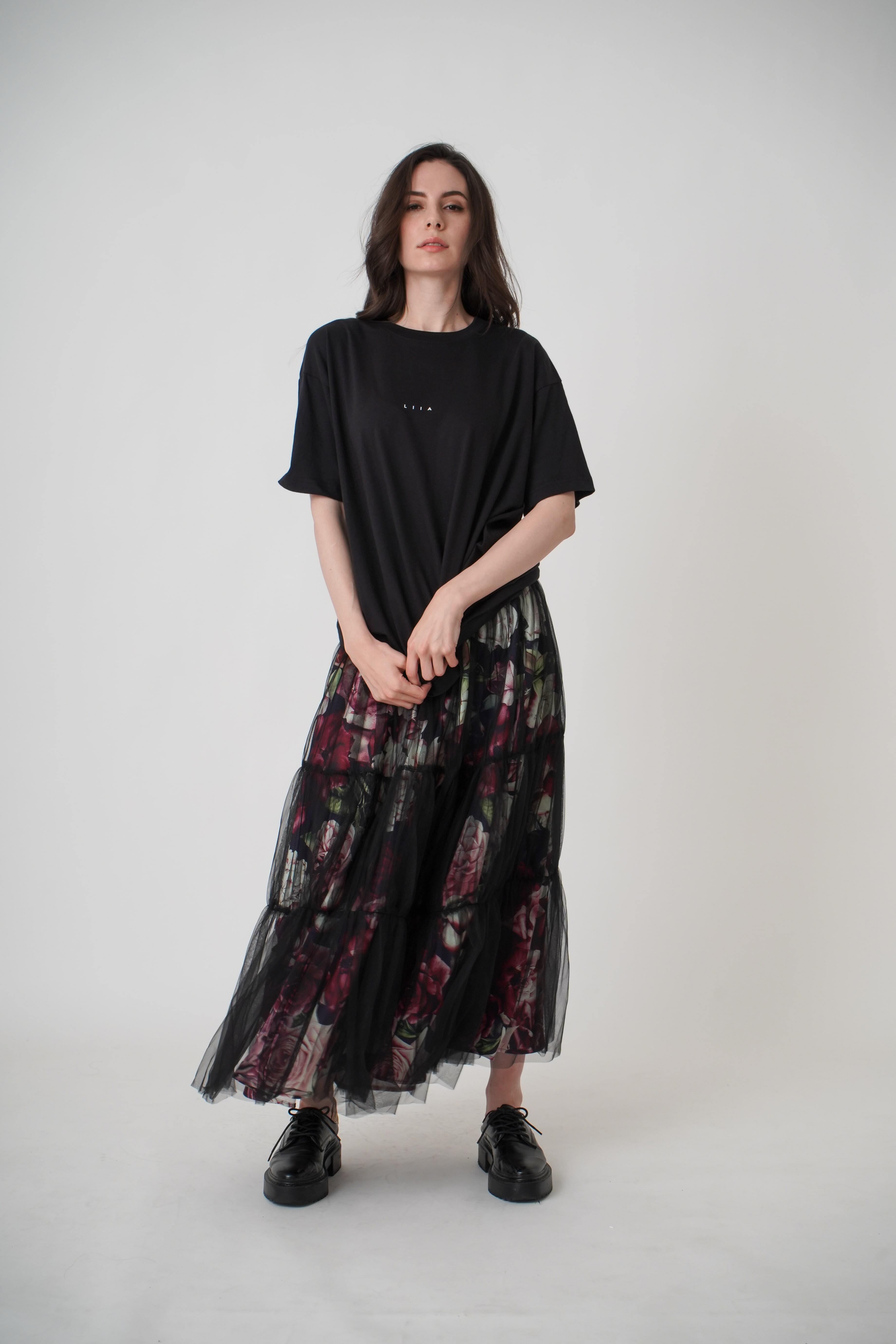 FLOWER PRINTED TULLE TIERED SKIRT