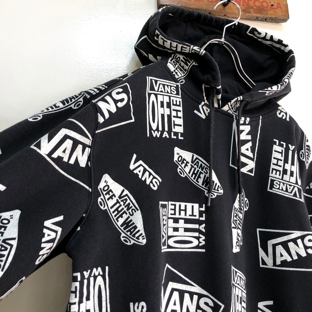 アメリカ古着 スウェット パーカー フーディー Vans バンズ 総柄 ロゴ オフザウォール Off The Wall 古着屋エバレット