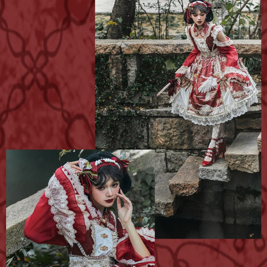 和ゴシック ドレス 鶴柄×姫袖×豪華フリル 赤×黒 中国風｜WithU