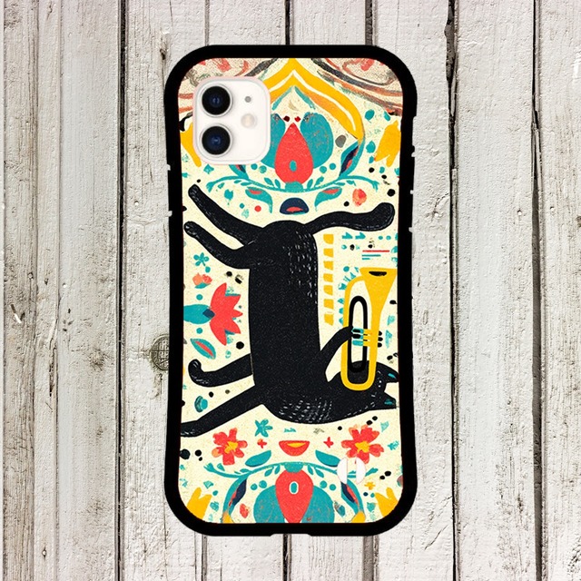 iPhoneケース 黒猫 トロンボーン 音楽｜金管楽器 北欧レトロ CAT076