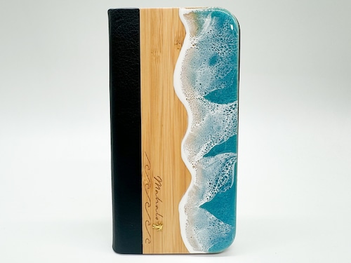 Sea/wood×resin turquoise blue wave 手帳型case(bamboo)