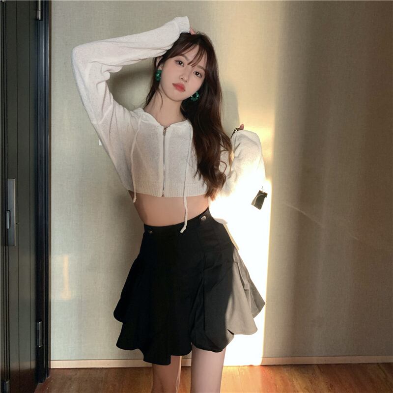 ニットセーター ショートホワイトフードカーディガンジャケット オータムジッパートップス 秋物 ピュア ブラックストロベリース87120002991