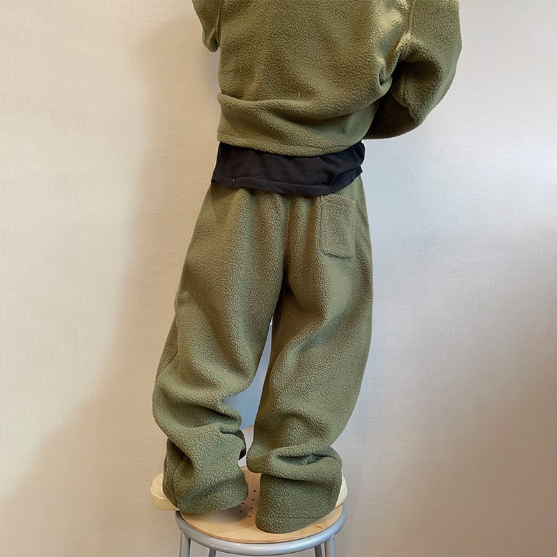 美伢FUZZYKONファーオリーブグリーン柄ワイドパンツ dannyandzeeオリーブ色ボアワイドパンツ | mblueshop