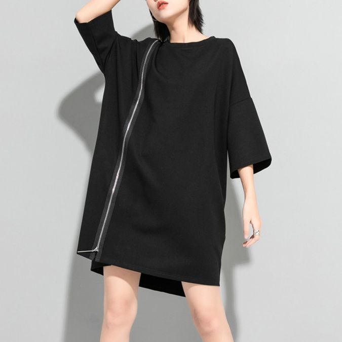 ASYMMETRIC ZIPPER RELAXED POCKET MIDI DRESS M-18211