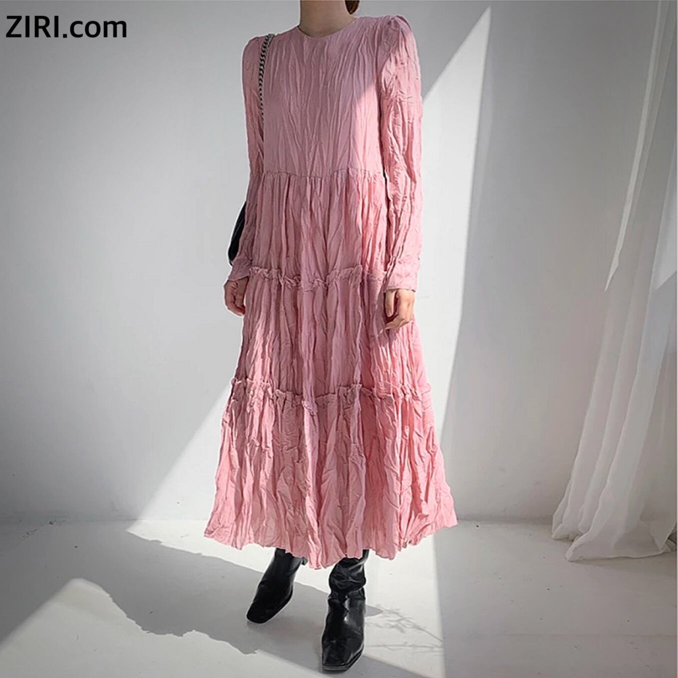 Ziri Com ワッシャーdesign シワ加工 スモークピンク ティアード ギャザードレス ワンピース Ziri Com