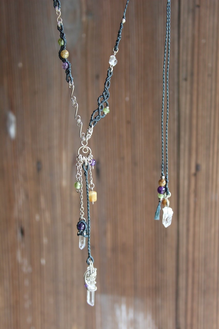 Crystal mix wire wrapping micromacrame necklace