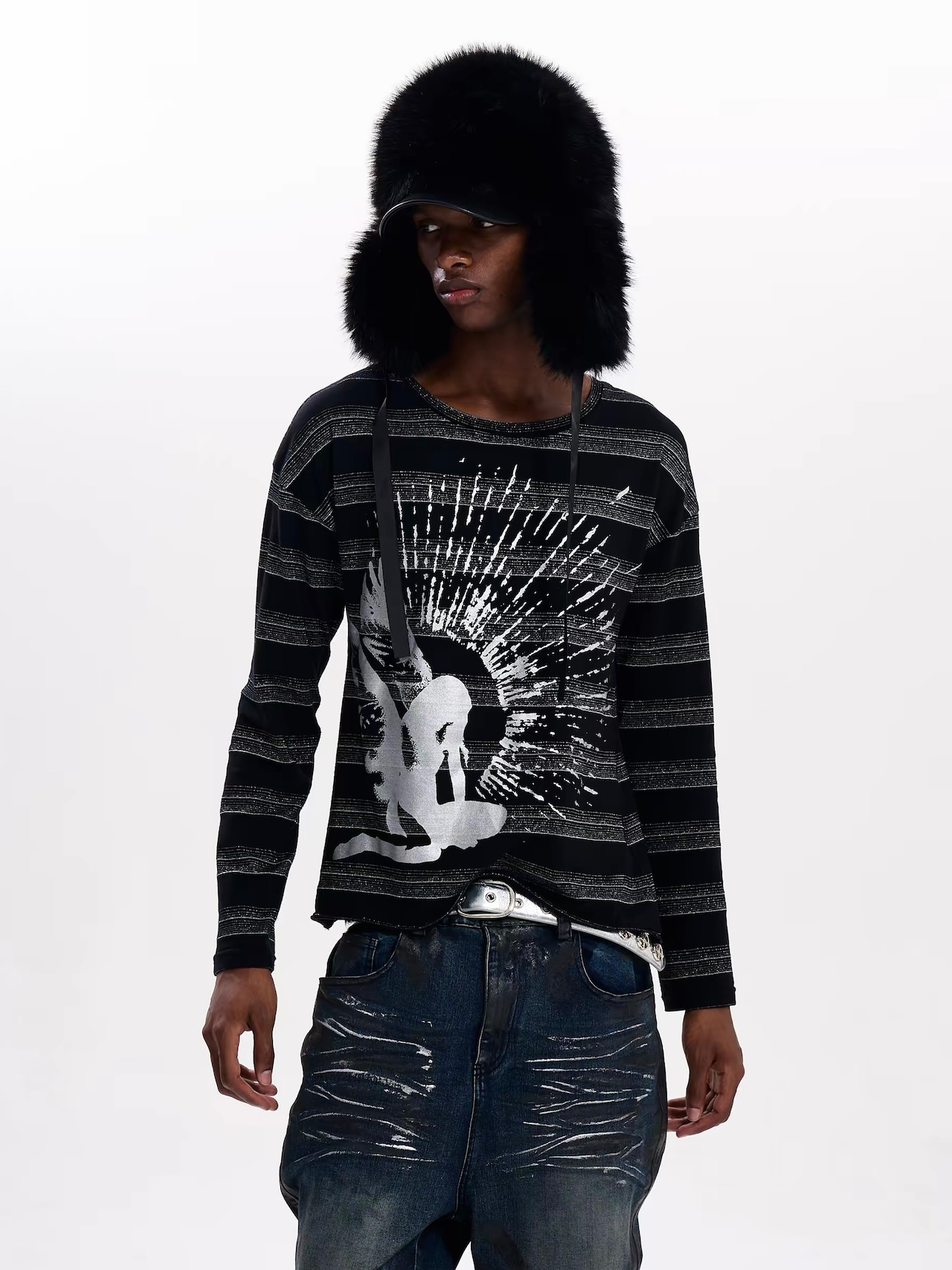 【Fourth3ex】Stripe Portrait Print Long Sleeve T-Shirt