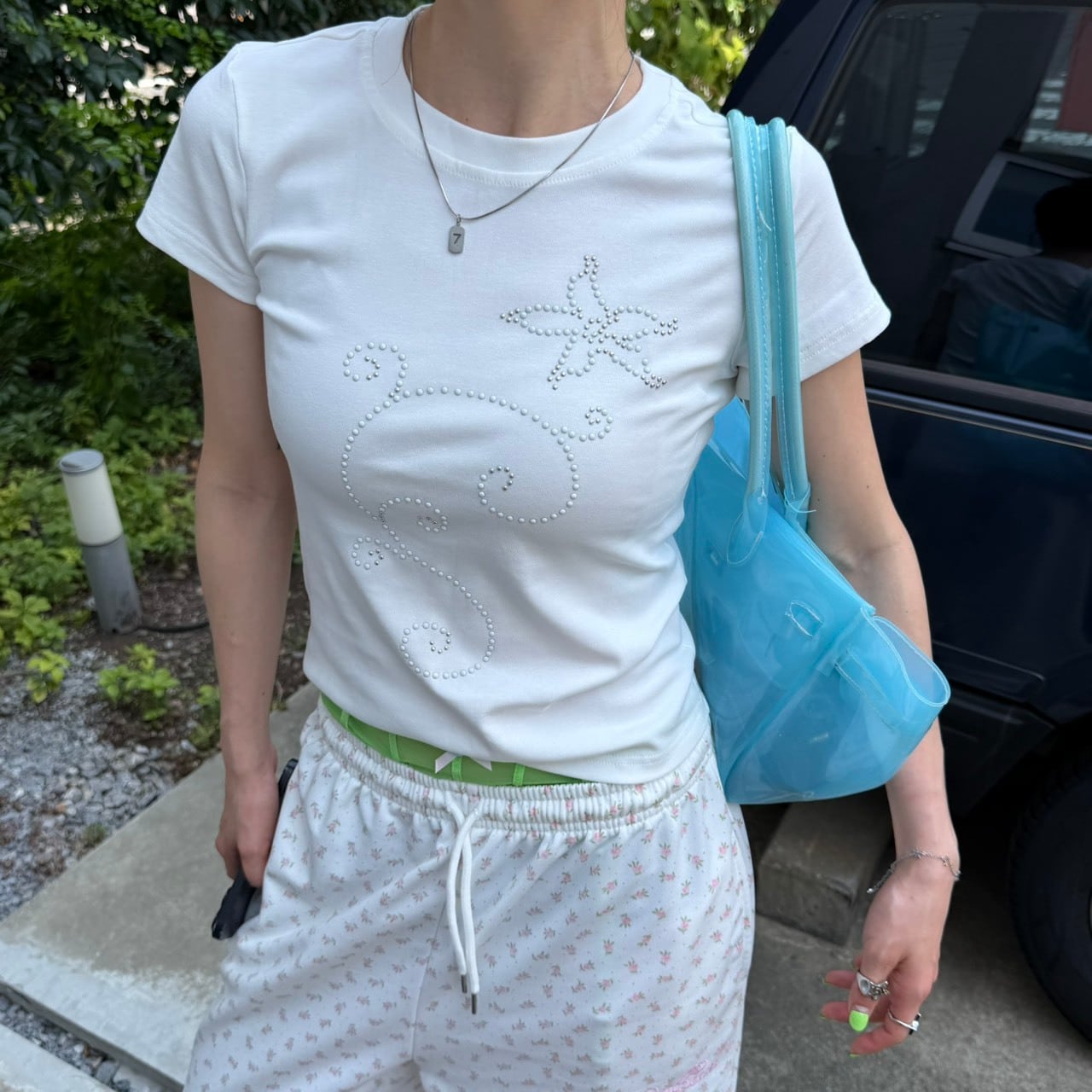 ヒトデモチーフ ラインストーン コンパクト半袖Tシャツ_LN03931