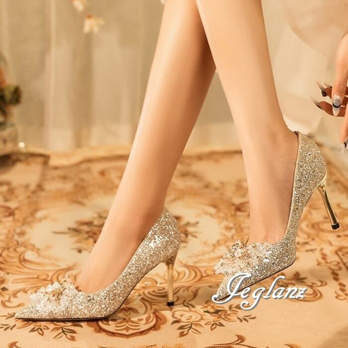 3色 パーティ パンプス ハイヒール ビジュー ラメ 光沢感 高さ