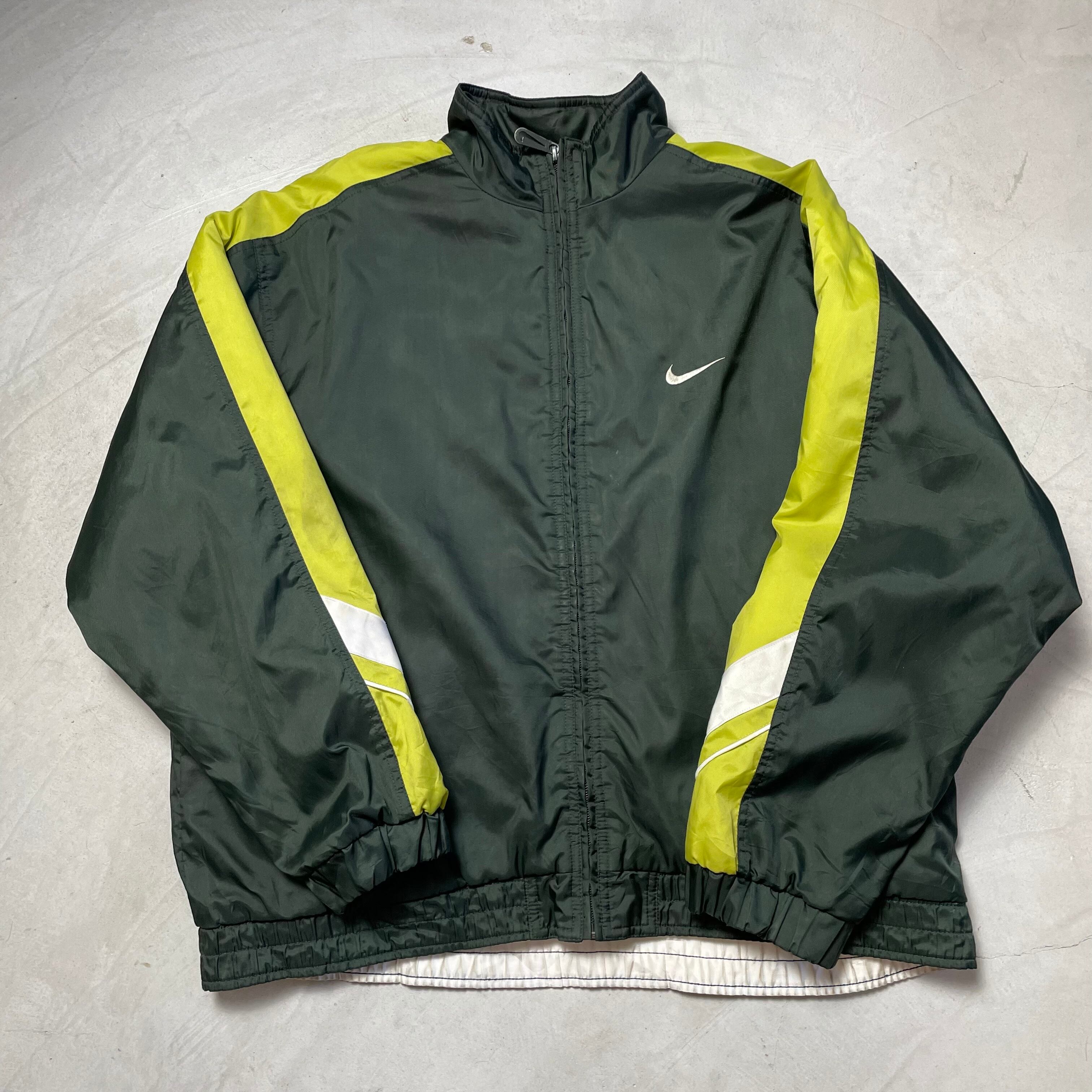 90年代〜00年代前半 NIKE ナイキ スウォッシュロゴ刺繍 切り替え ナイロンジャケット メンズM相当 古着 90s 00s ビンテージ ヴィンテージ ブラック 黒色 黄緑色【ナイロンジャケット】