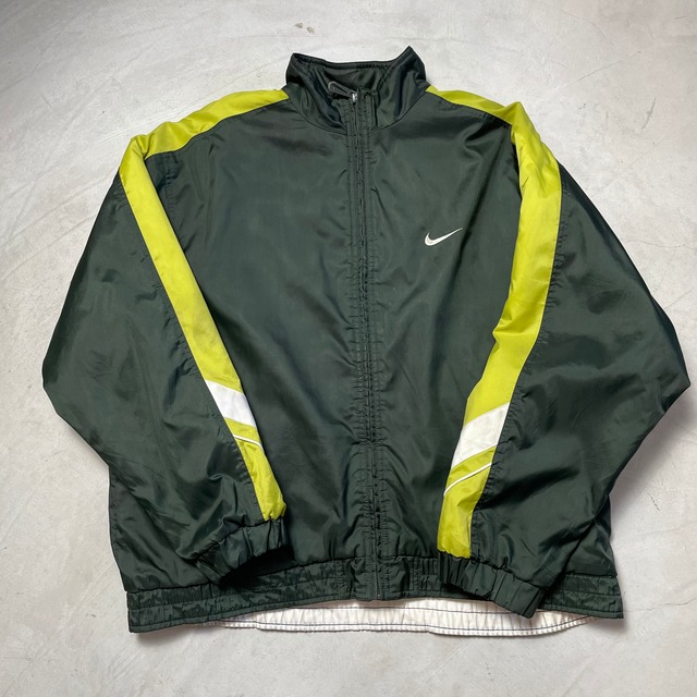 90年代〜00年代前半 NIKE ナイキ スウォッシュロゴ刺繍 切り替え ナイロンジャケット メンズM相当 古着 90s 00s ビンテージ ヴィンテージ ブラック 黒色 黄緑色【ナイロンジャケット】