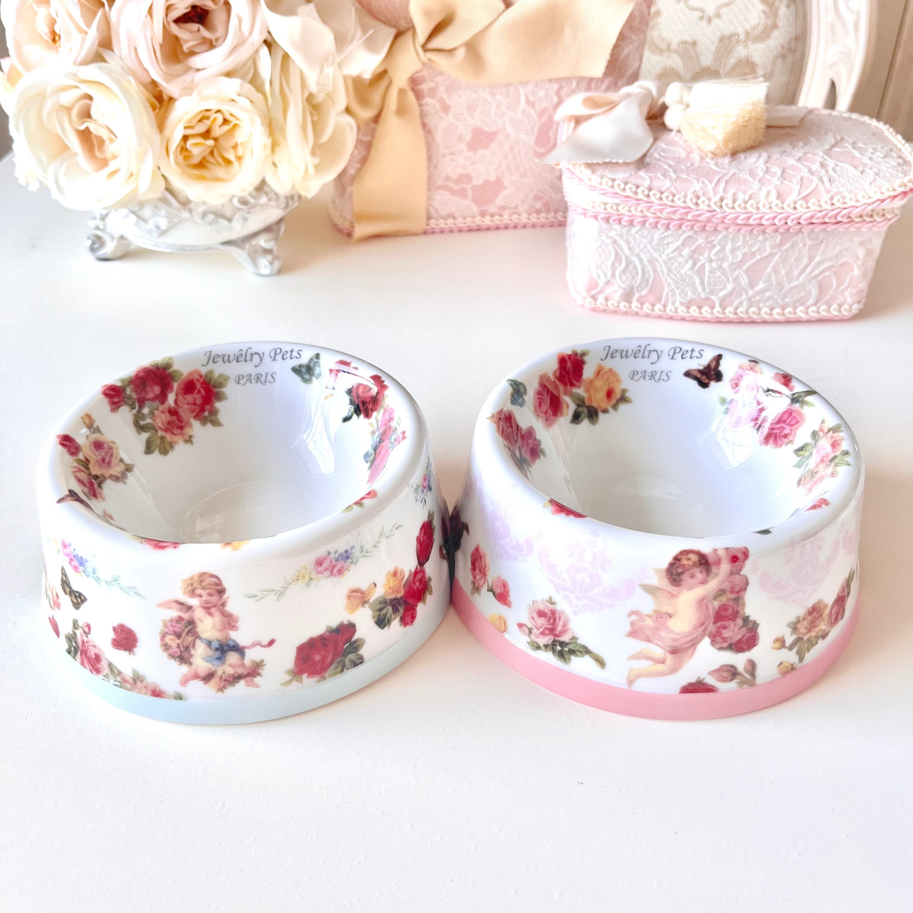 【2種】お姫様なペットちゃん用　天使とローズのかわいいフードボウル陶器 磁器
