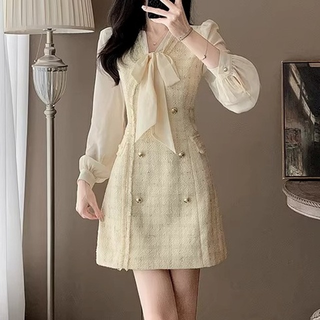 Bow Tie Long Sleeve Mini Dress　　V2208