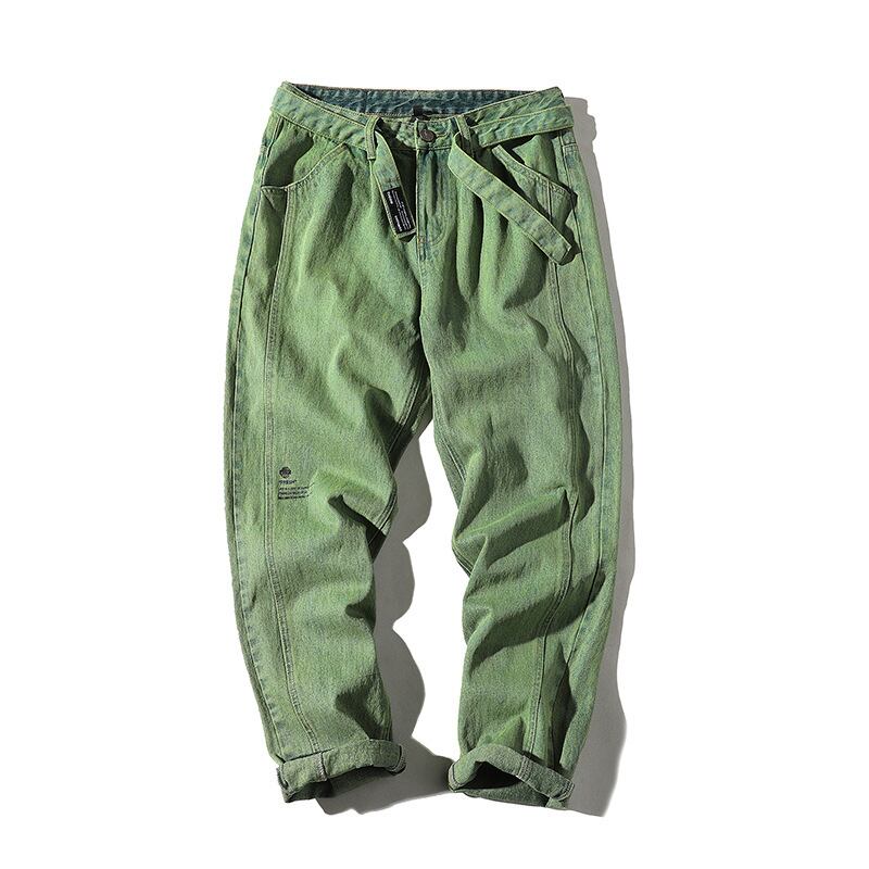 【新作】【送料無料】 Yidao Vintage Spring Cool Green Belt Decorated Washed Jeans Boys Loose Straight Pants-Alibaba スプリング 春物 ハーネス ベルト グリーン ビンテージ hip6-161114453300305