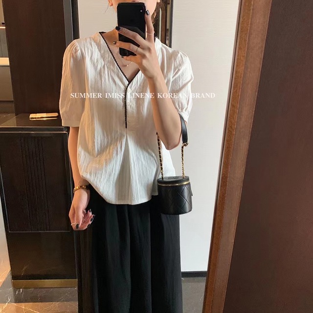 レースVネックTシャツ レディースサマーボタンプリーツ半袖スリーブトップス ショート ハーフスリーブ 夏物 ビッグFスモールZ韓国76262785678