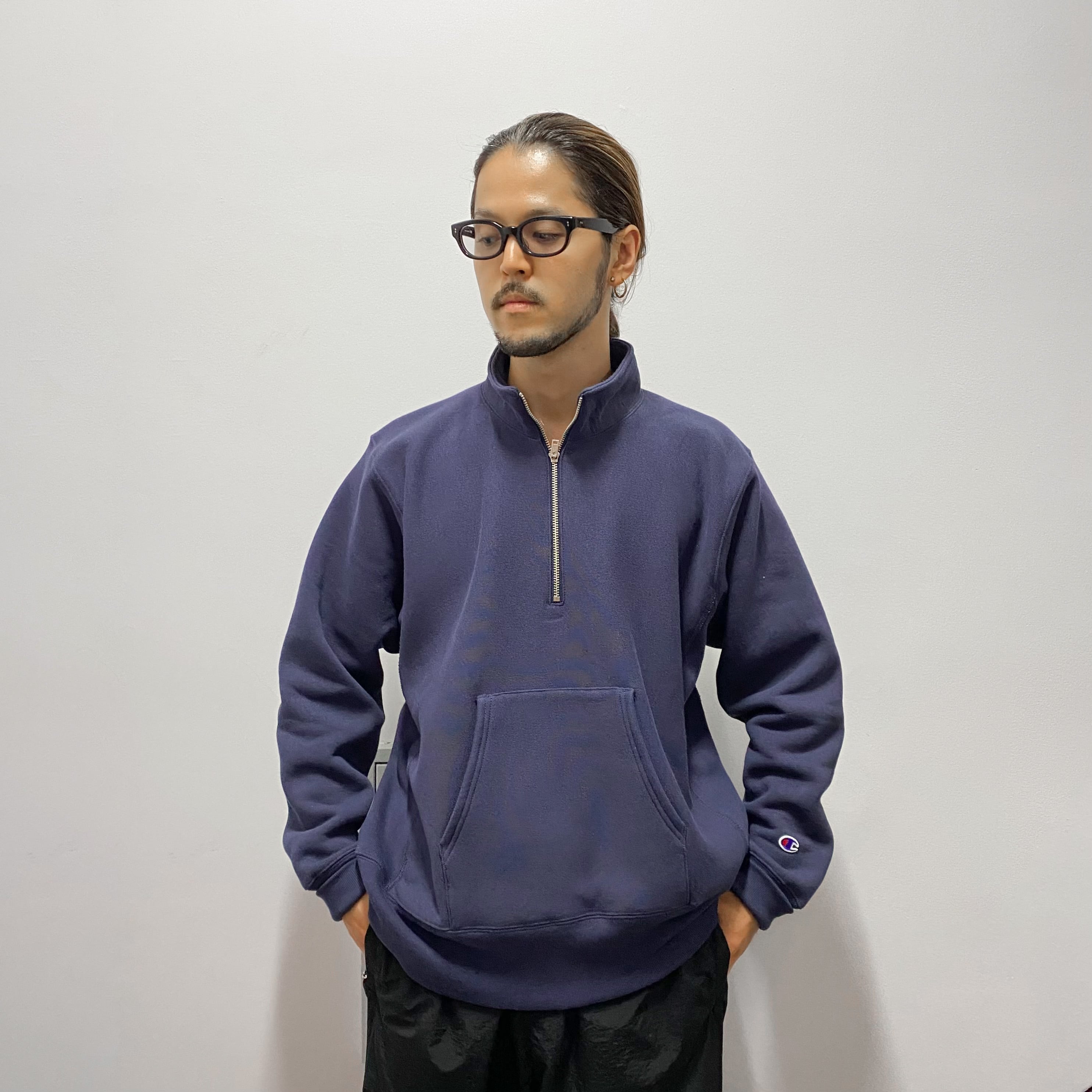 Champion Reverse Weave Half Zip Sweat Shirt - シルバーグレー ダークネイビー L XL（チャンピオン  リバースウィーブ ハーフジップ スウェットシャツ）