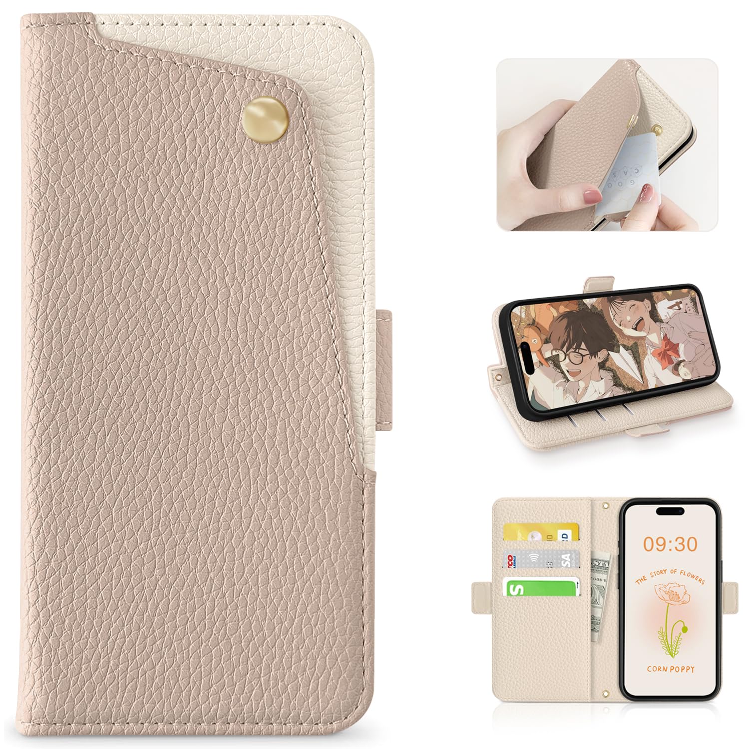 CASSYOOK 適合 いphone17pro /18pro ケース 手帳型 表面ポケット便利iPhone17pro/18pro用ケース アプリコット