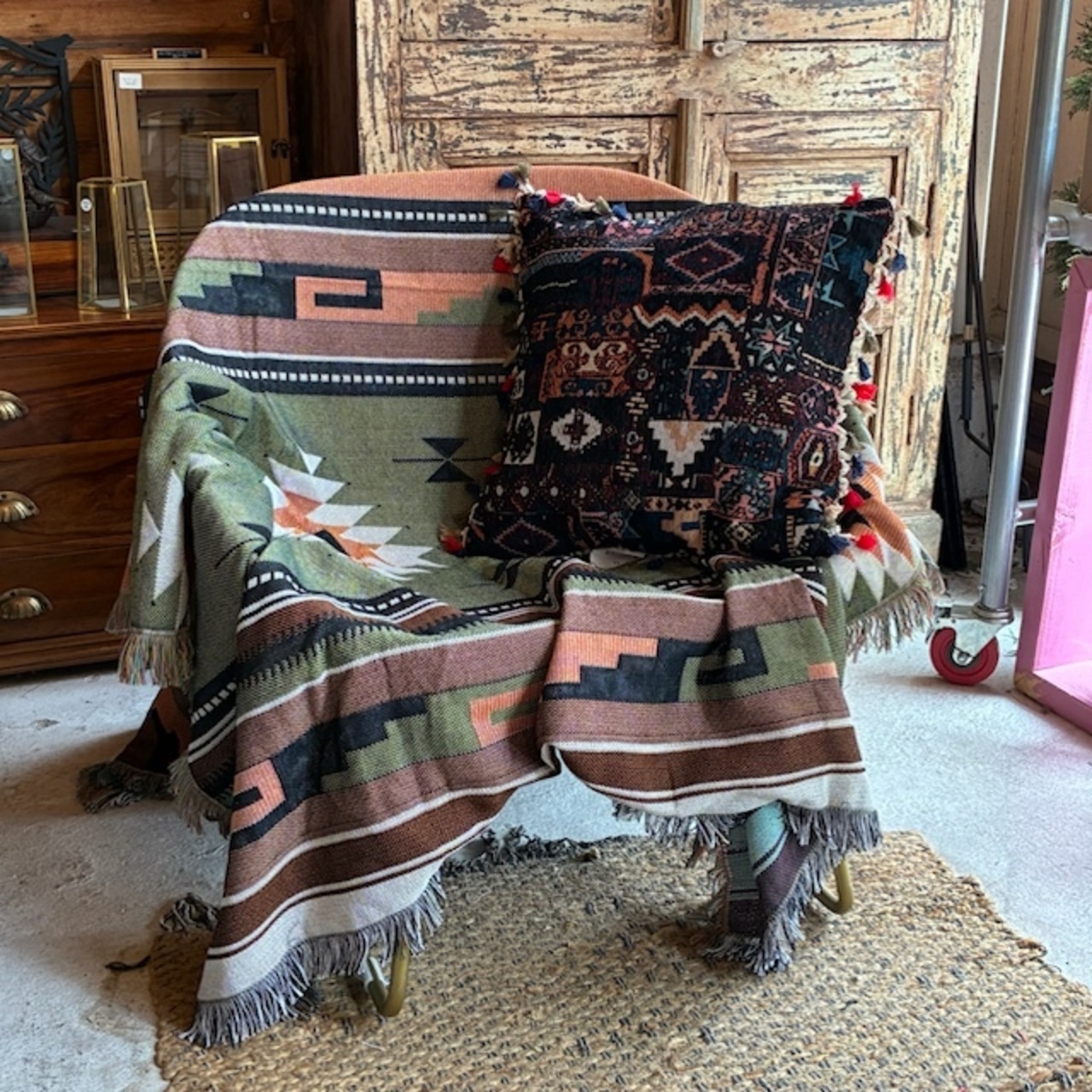 TOPANGA Homefurnishing Tribal throwket　トライバルスローケット　130×180cm　M　グリーン　オレンジ　ソファカバー　ベッドカバー　ブランケット　カーテン