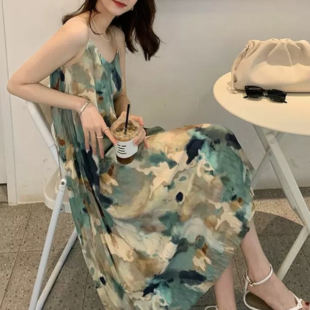 油絵風Aラインキャミワンピース W00042