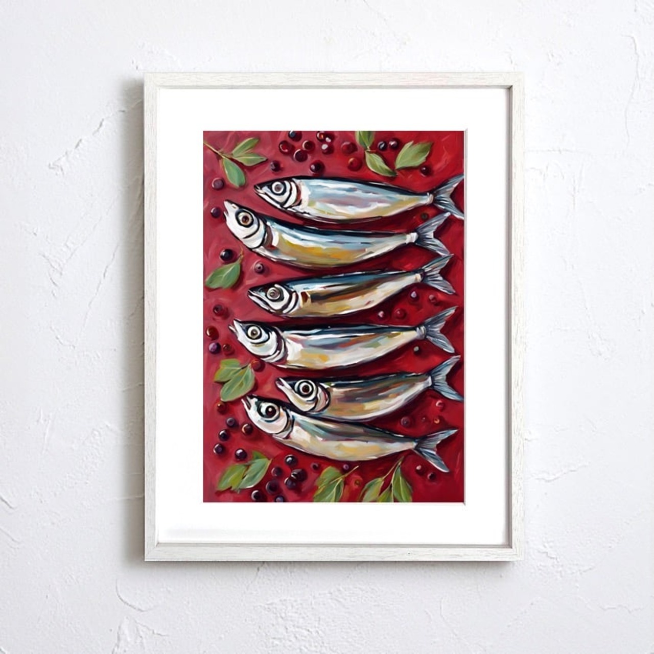 sardines｜可愛いイワシを並べたユニークなコンテンポラリーアートポスター｜キッチンやダイニングを彩る食アートインテリア｜北欧風モダンにも相性抜群A3ポスター