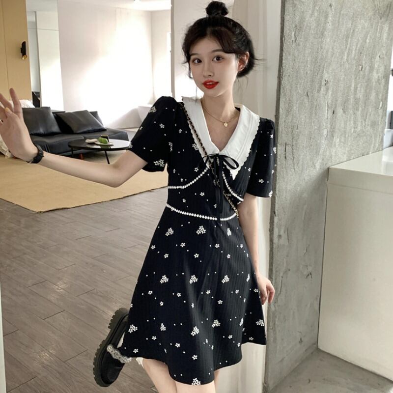 サマーカラーブラックフローラルドレス スタイルウェスト 夏物 花柄 YY-ファッション2007519050