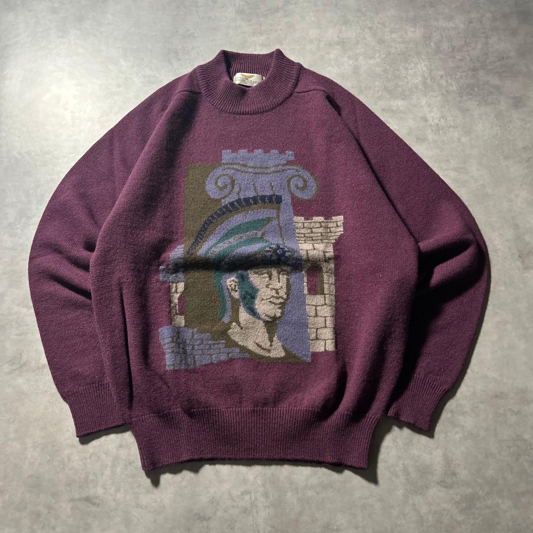 ヴィンテージ パープル ワンポイント ロゴ モックネック アートパターン ニット