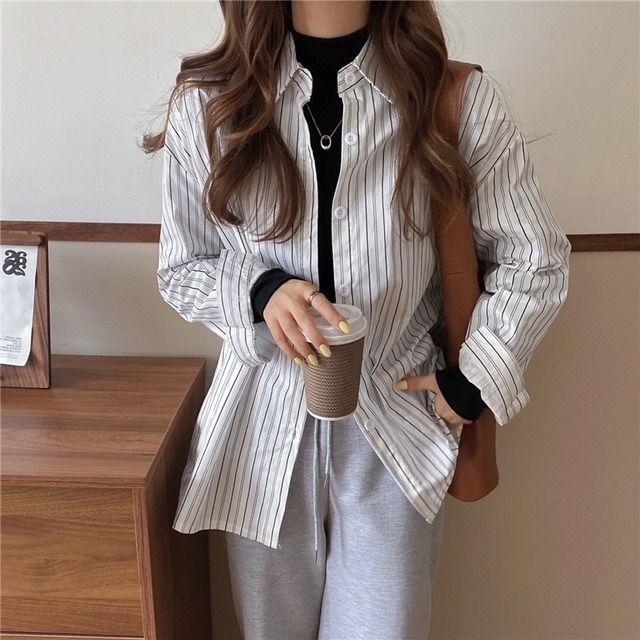 スタイルルーズストライプカーディガンシャツ ソリッド カラースリム ロング ソリッドカラー ハンチェンe55712201746