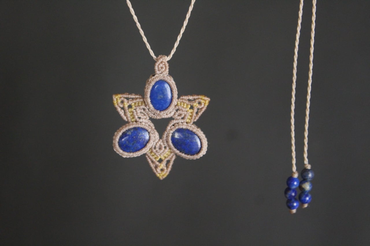Lapis lazuli micro macrame hexagram pendant