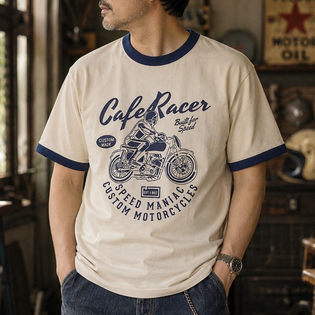 Retro cafe racer graphic print ringer t-shirt 00307