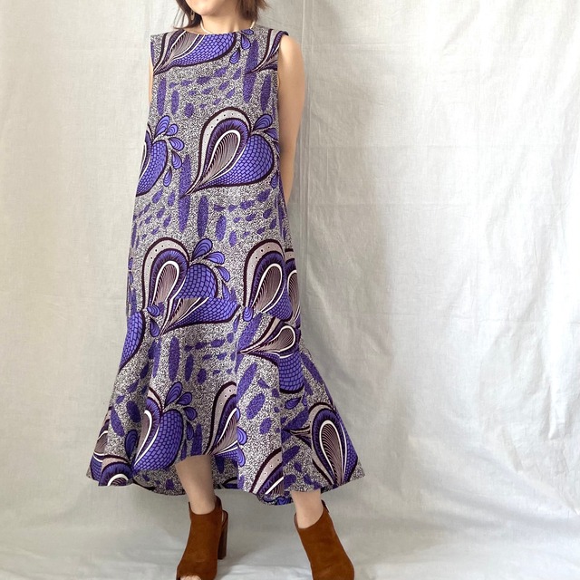 アフリカ布ヘムフレアワンピース（新柄）