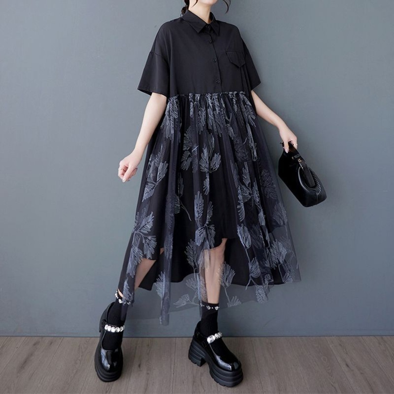 チュール切替 シャツワンピース  30037