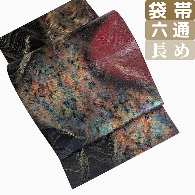 【礼装にもおしゃれにも映える迫力】袋帯 正絹 六通 引箔 黒 赤 金彩調 モダン柄