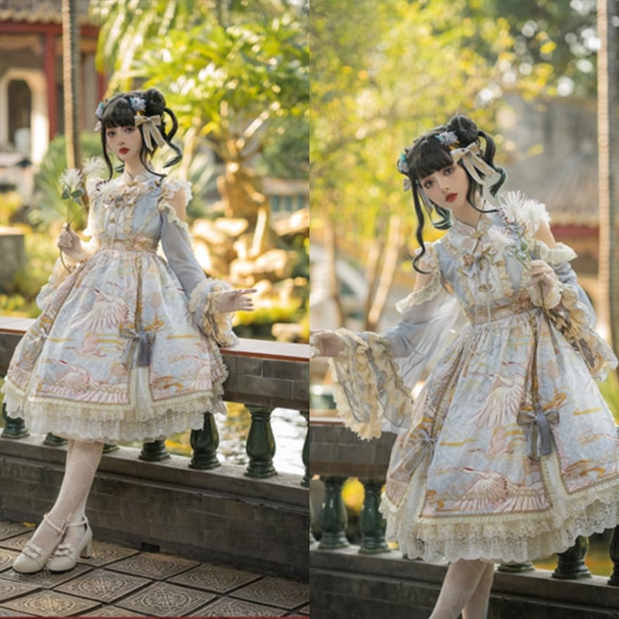 和ゴシック ドレス 鶴柄×姫袖×豪華フリル 赤×黒 中国風｜WithU