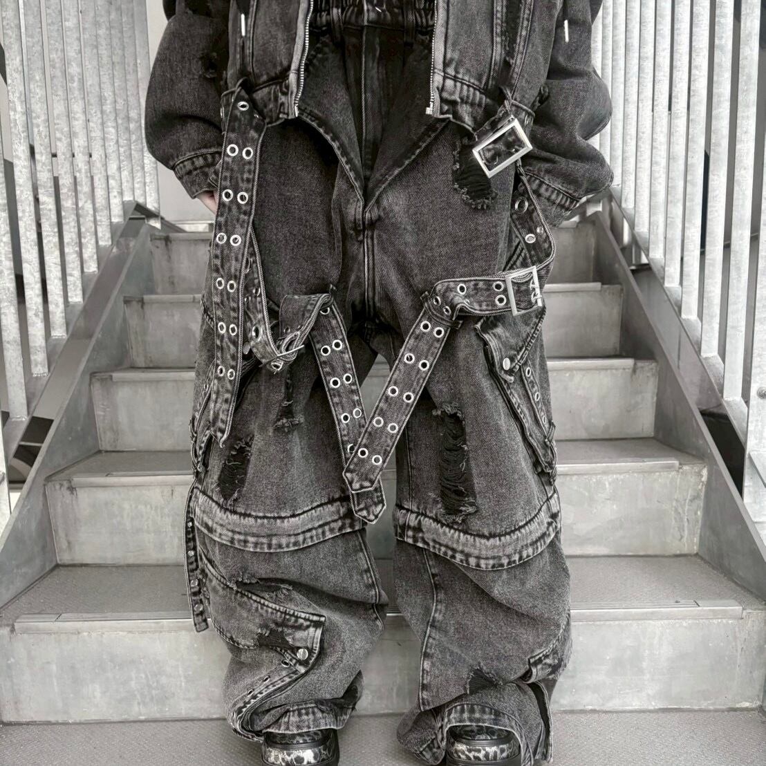 【Backstage pass】CHRIS C(クリス C)2WAY ベルト レザータッチ/デニム ワイドカーゴパンツ【セットアップ対応可】 GBS4201 パンツ ユニセックス サブカル 地雷系