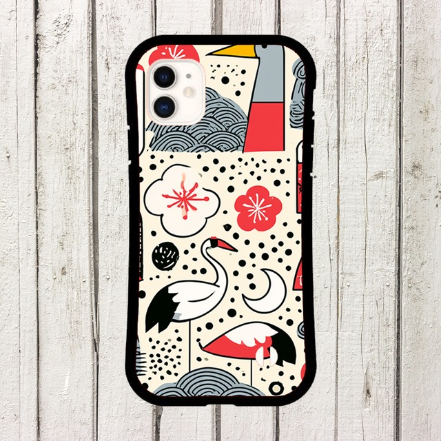 受注生産 iPhoneケース 花と鳥の白背景民芸柄｜鳥モチーフ FMSY004B
