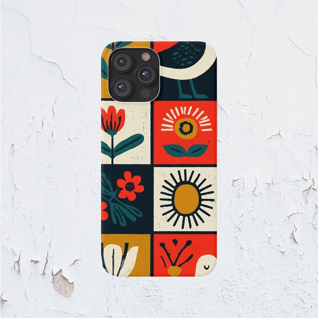 受注生産 iPhoneケース 太陽と花のパネル民芸柄｜フォークアート FMSY109A