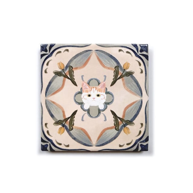 花タイル型セラミック給水コースター(茶白猫)