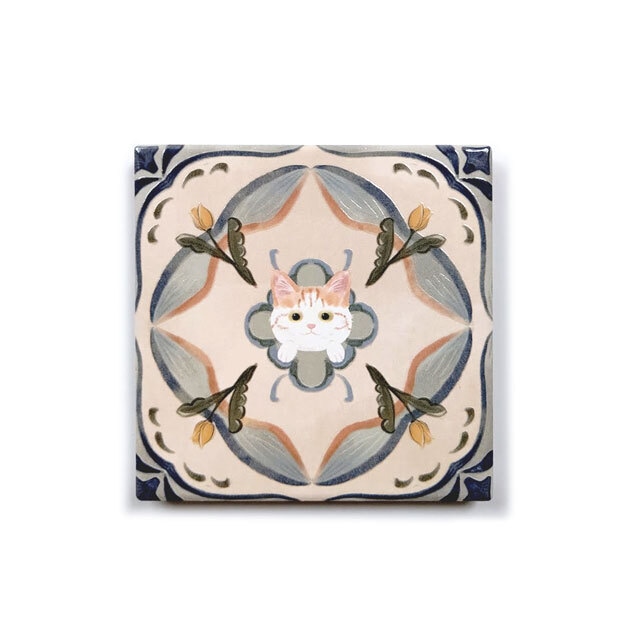 花タイル型セラミック給水コースター(茶白猫)