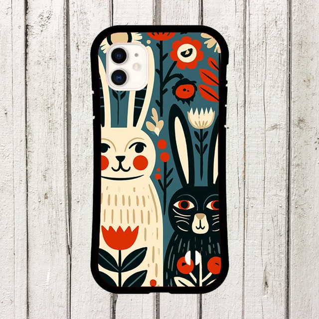 受注生産 iPhoneケース 白猫と黒猫の民芸柄｜猫モチーフ FMSY046A