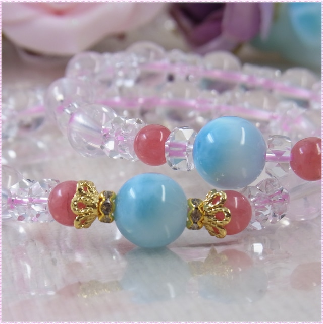 ★数量限定/サービス品★ラリマー♡インカローズ♡スターローズクォーツ♡恋♡癒し 宝石のような 天然石ブレスレット J38