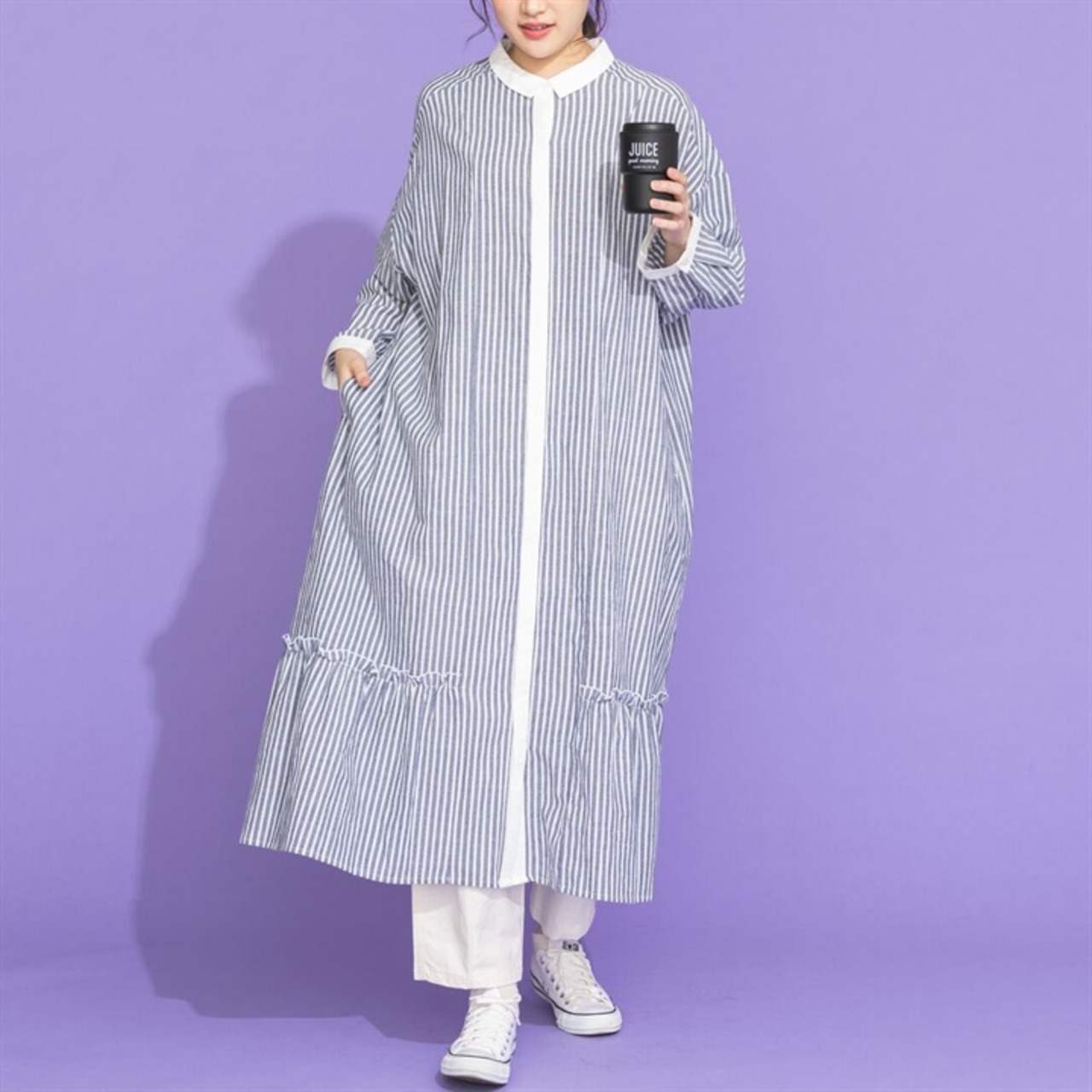 【m.n】長袖裾ギャザー切替シャツワンピース