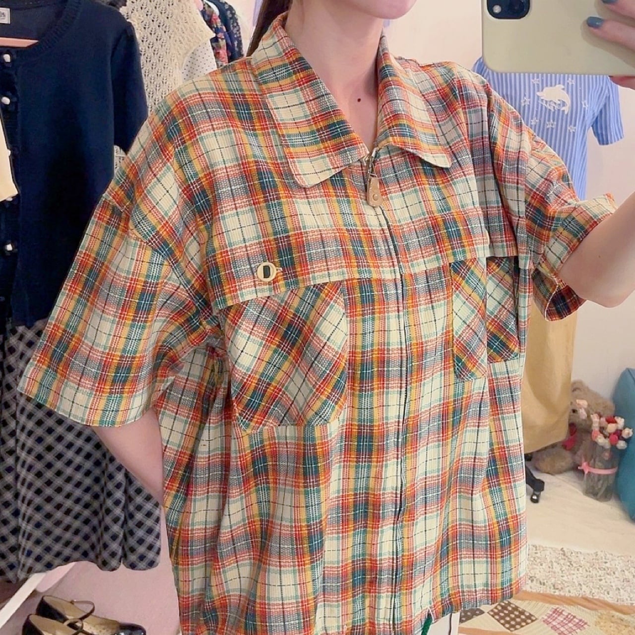 green madras check zip-up shirt