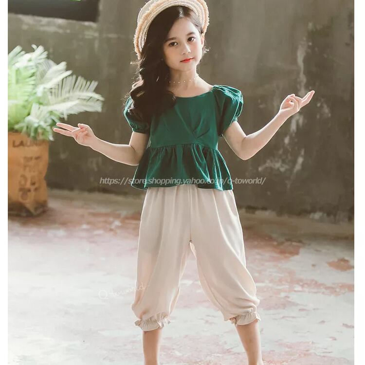 110-160㎝】上下セット トップス+パンツ 2点セット グリーン 韓国版  