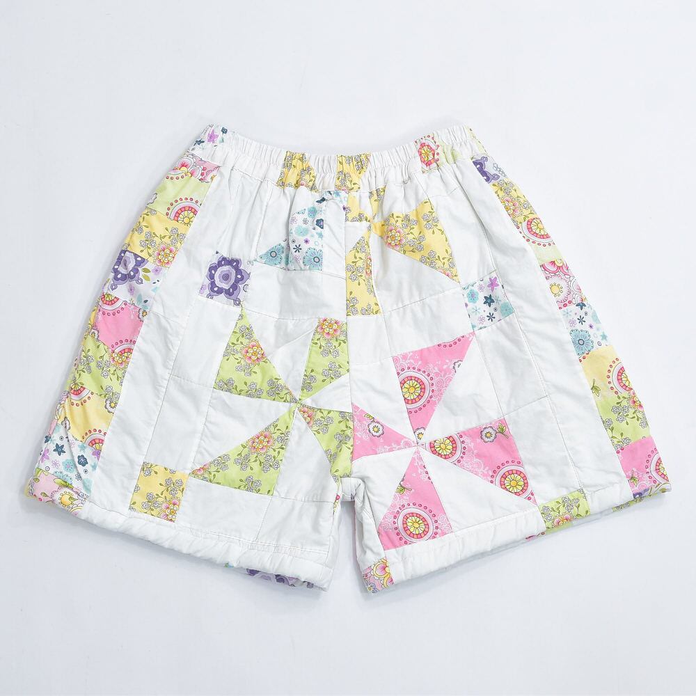 Remake リメイク ハンドメイド パッチワーク キルト デザイン ルーズシルエット ショートパンツ エスニック調 風車柄 幾何学模様 再構築 短パン ツギハギ W67~102cm