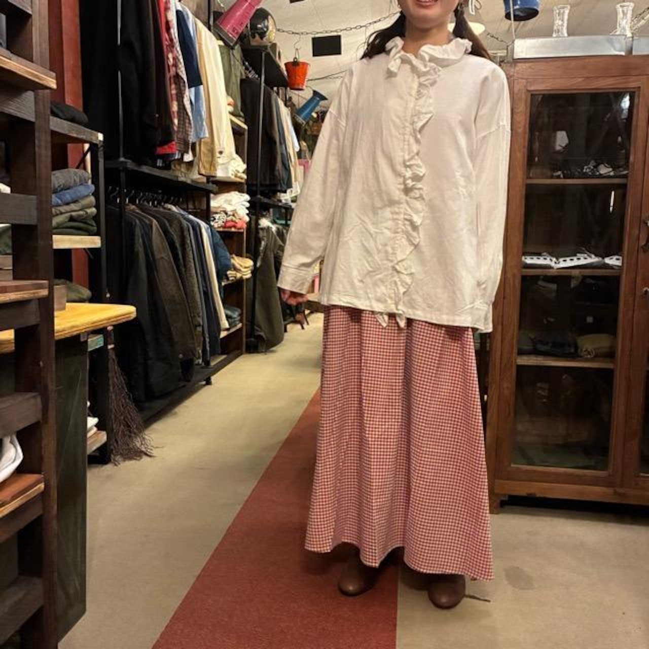 ICHI Peach Washer Frill Shirt, White, Natural Cotton, Women's Blouse, Knit Shirt, Layering Shirt, Long Sleeve