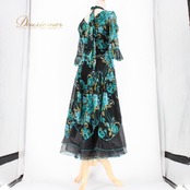 社交ダンス 衣装 スタンダード ドレス ワンピース パーティドレス ブラック系 グリーン系 チョーカー 黒 緑 レース 透け感 シック 準正装 花柄 ファスナー 伸縮性 おしゃれ レディース ダンス衣装 ショートスリーブ フェミニン セクシー 大人用 イベント用 パーティー ドレッシー デザインドレス エレガント