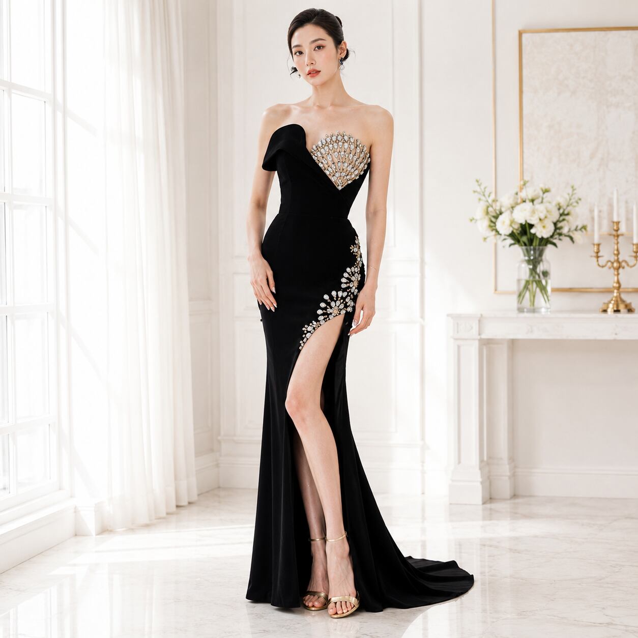 Sequin Embellished Strapless Long Dress V3513